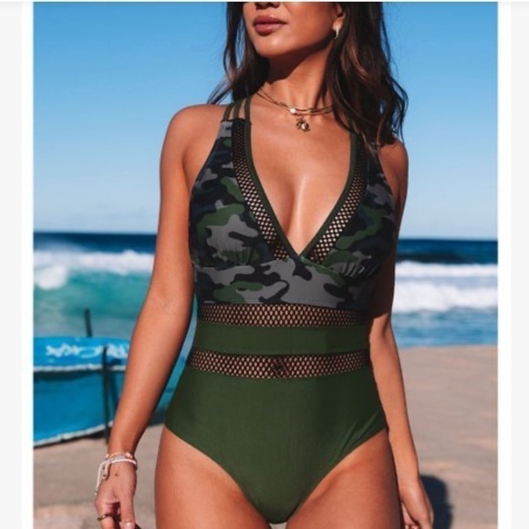 Spliced Mesh Camouflage One-Piece Women's Swimsuit Size Large - Picture 11 of 12